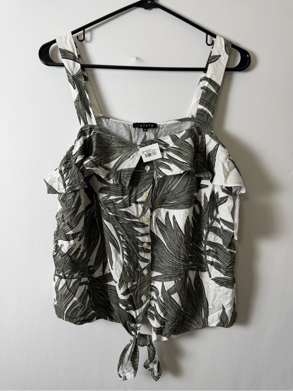 1. State White and Olive Palm-Print Tie-Front Ruffle Cami